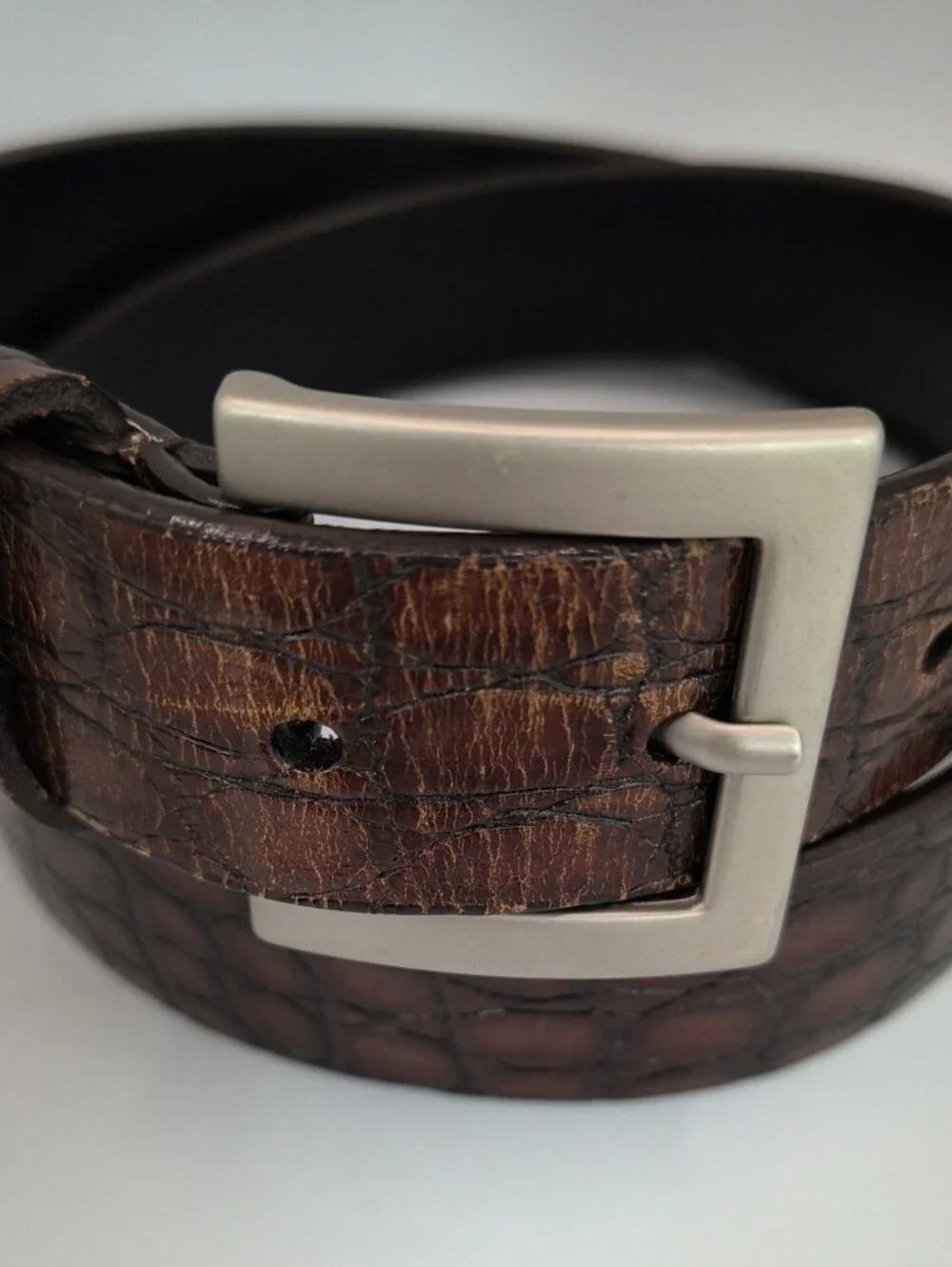 Vintage Perry Ellis Brown Croc Embossed Leather Belt 32 Italian Buckle